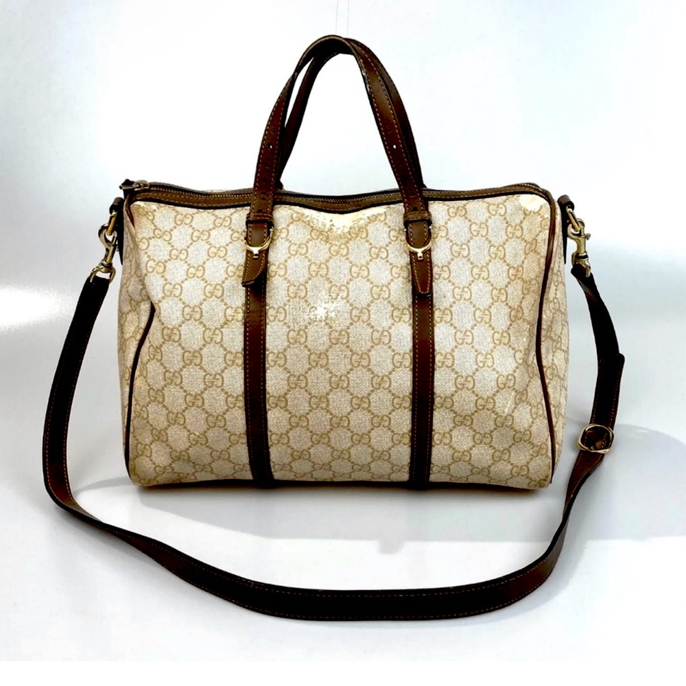 Gucci GG Supreme Monogram Leather Boston Weekender Bag w crossbody.